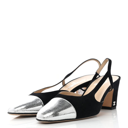 Chanel Kid Suede Metallic Lambskin Cap Toe CC Slingback Pumps 40.5 Black Silver 3 of 11