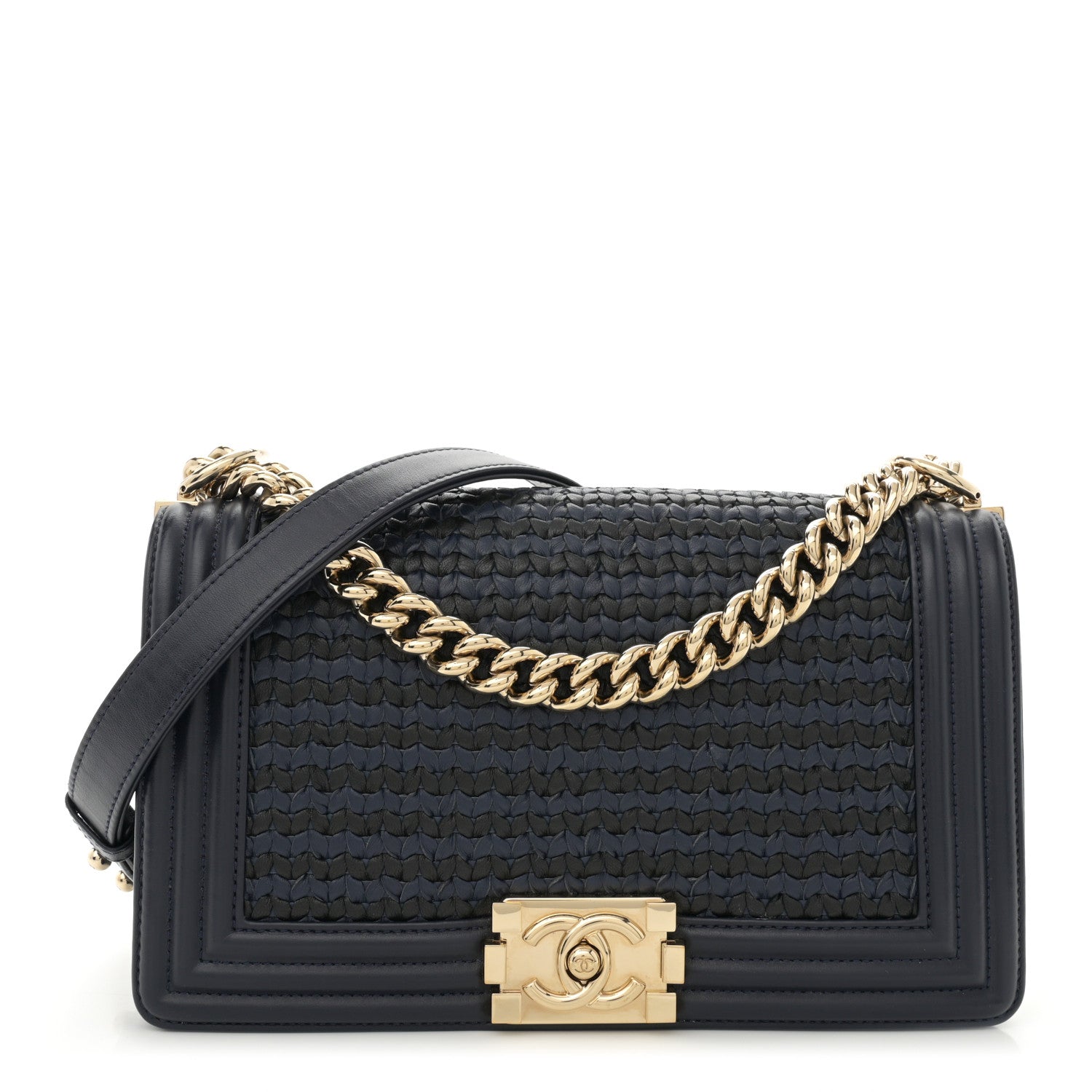 Chanel Lambskin Braided Woven Medium Boy Flap Navy Black 1 of 11