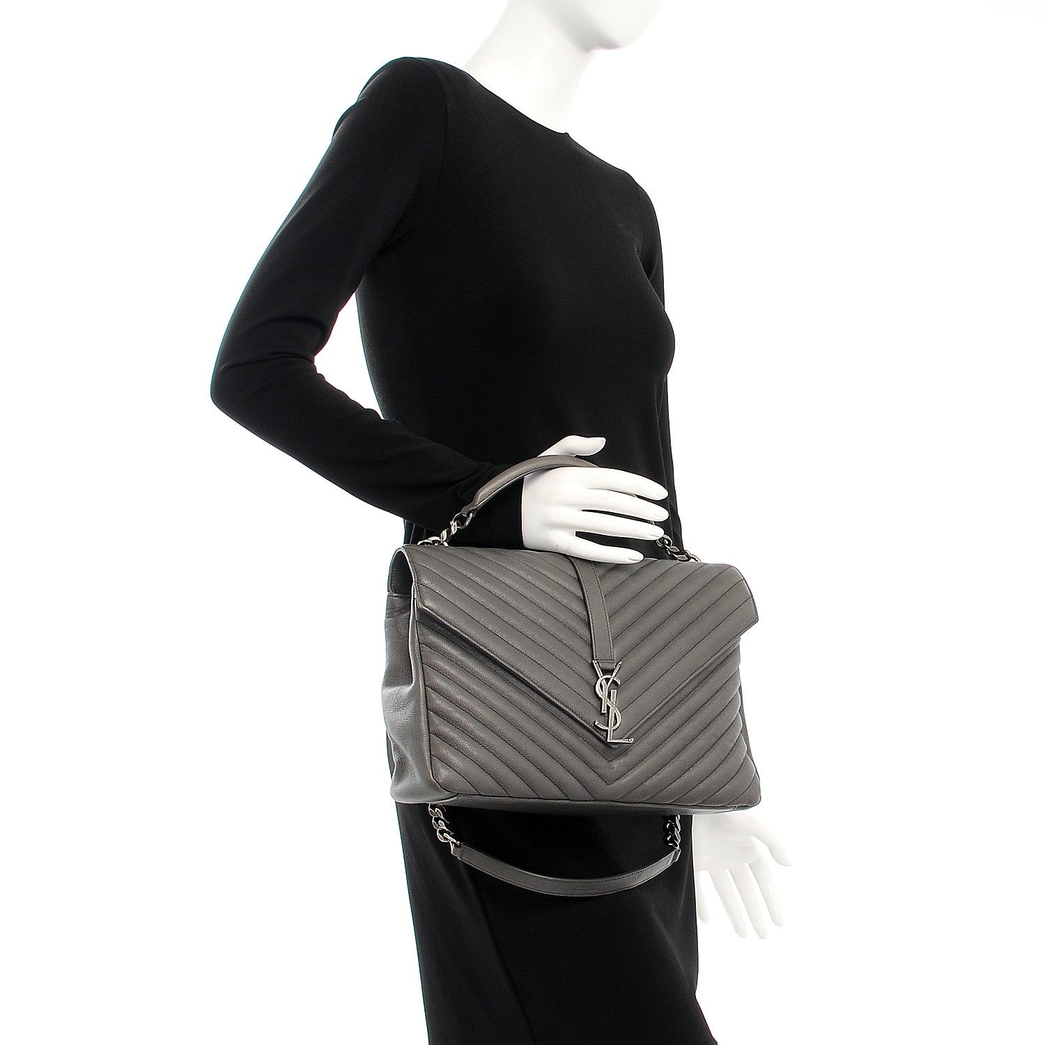 Saint Laurent Sheepskin Matelasse Chevron Monogram Large College Satchel Grey 3 of 15
