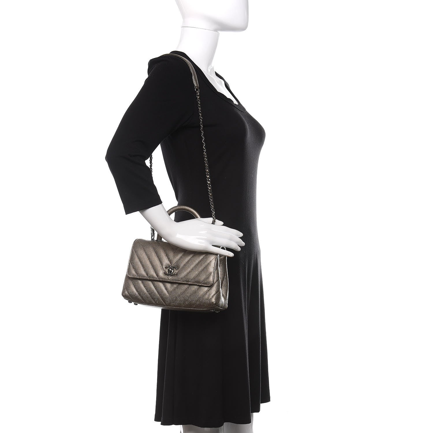 Chanel Metallic Caviar Chevron Quilted Mini Coco Handle Flap Light Gold 2 of 12