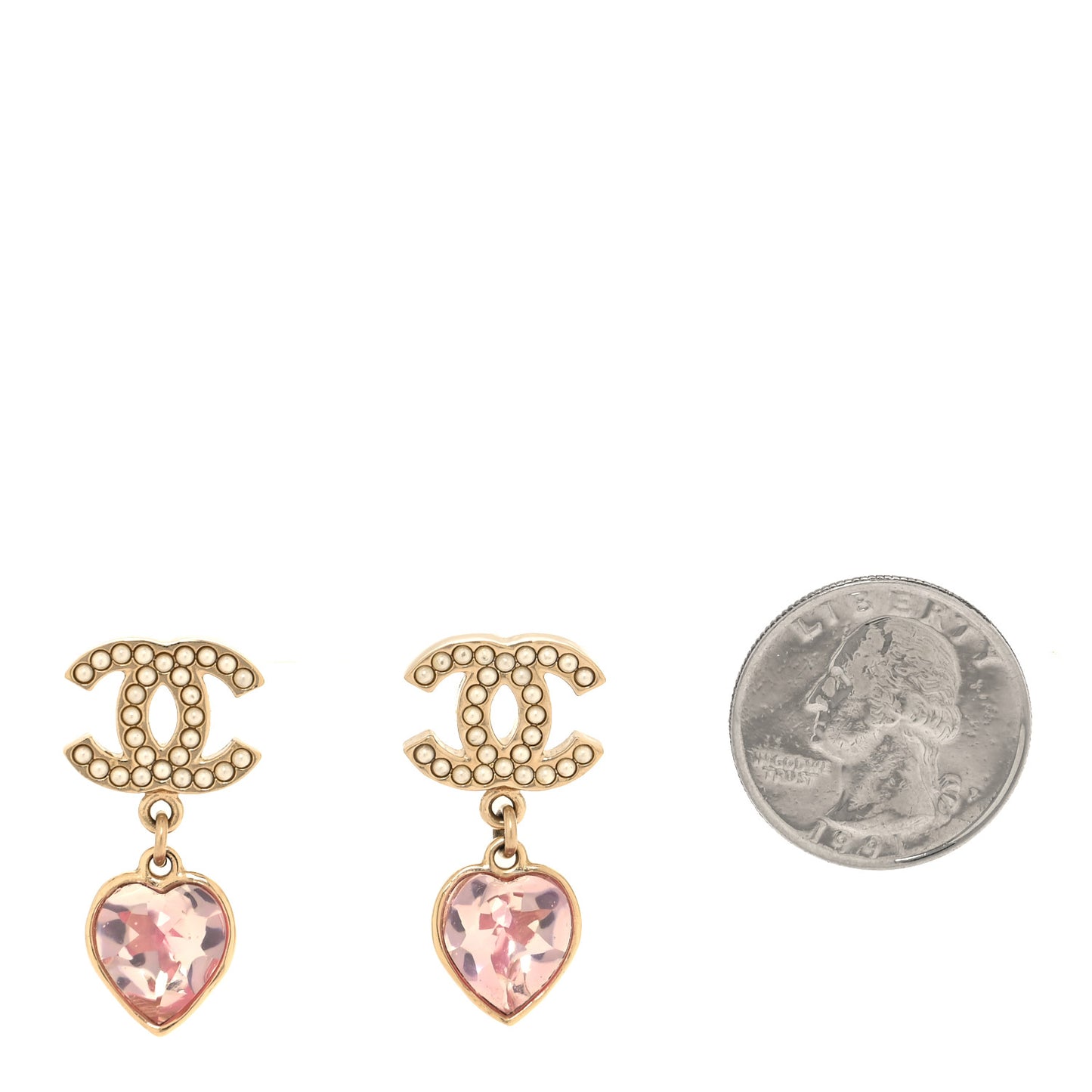 Crystal Pearl Heart CC Drop Earrings Pink Gold