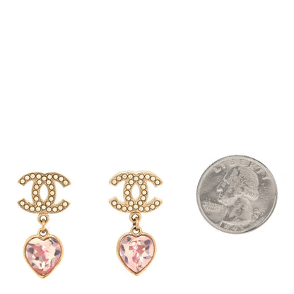 Chanel Crystal Pearl Heart CC Drop Earrings Pink Gold 2 of 5