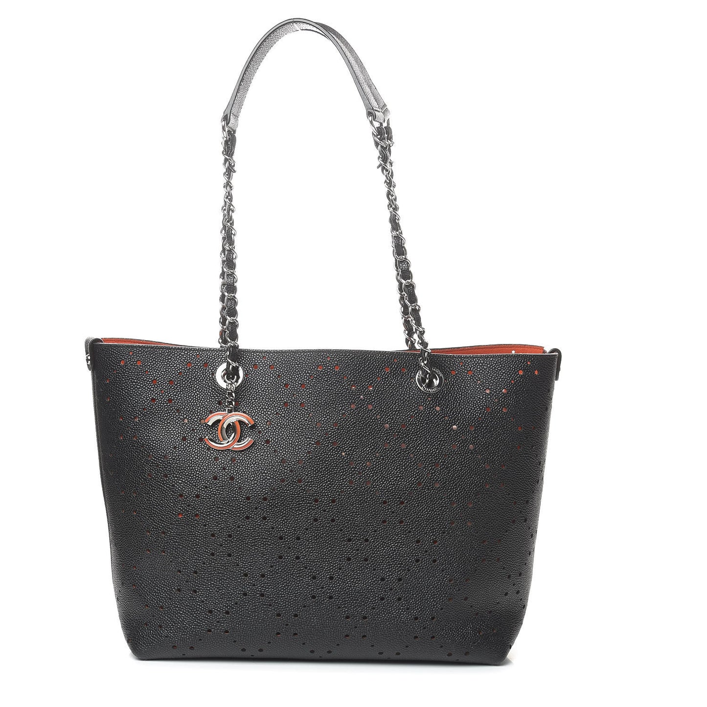 Perforated Grained Calfskin Large Shopping Tote Black