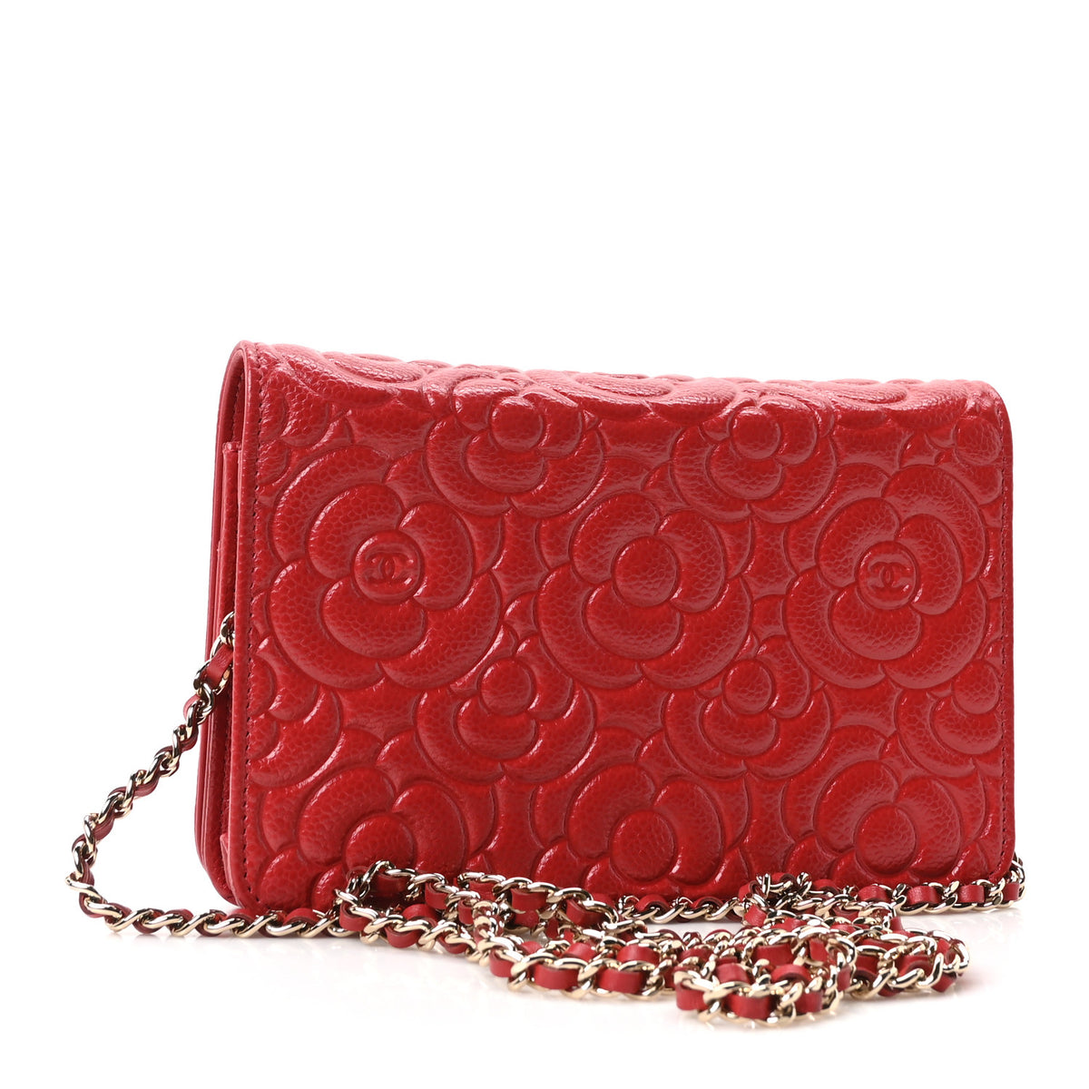 Chanel Caviar Camellia Embossed Wallet On Chain WOC Red 3 of 11