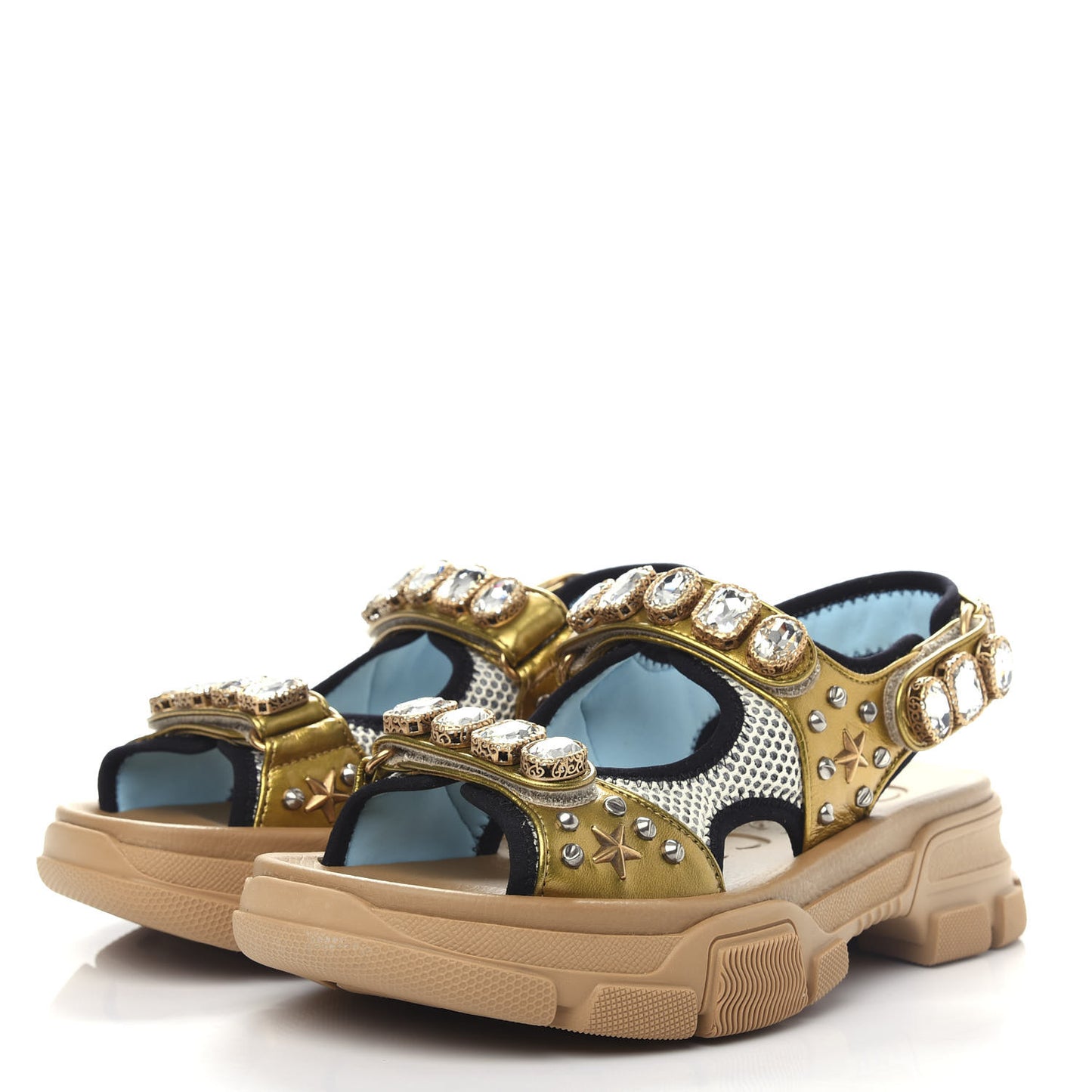 Silk Calfskin Mesh Crystal Embellished Studded Womens Aguru Sandals 39 Gold