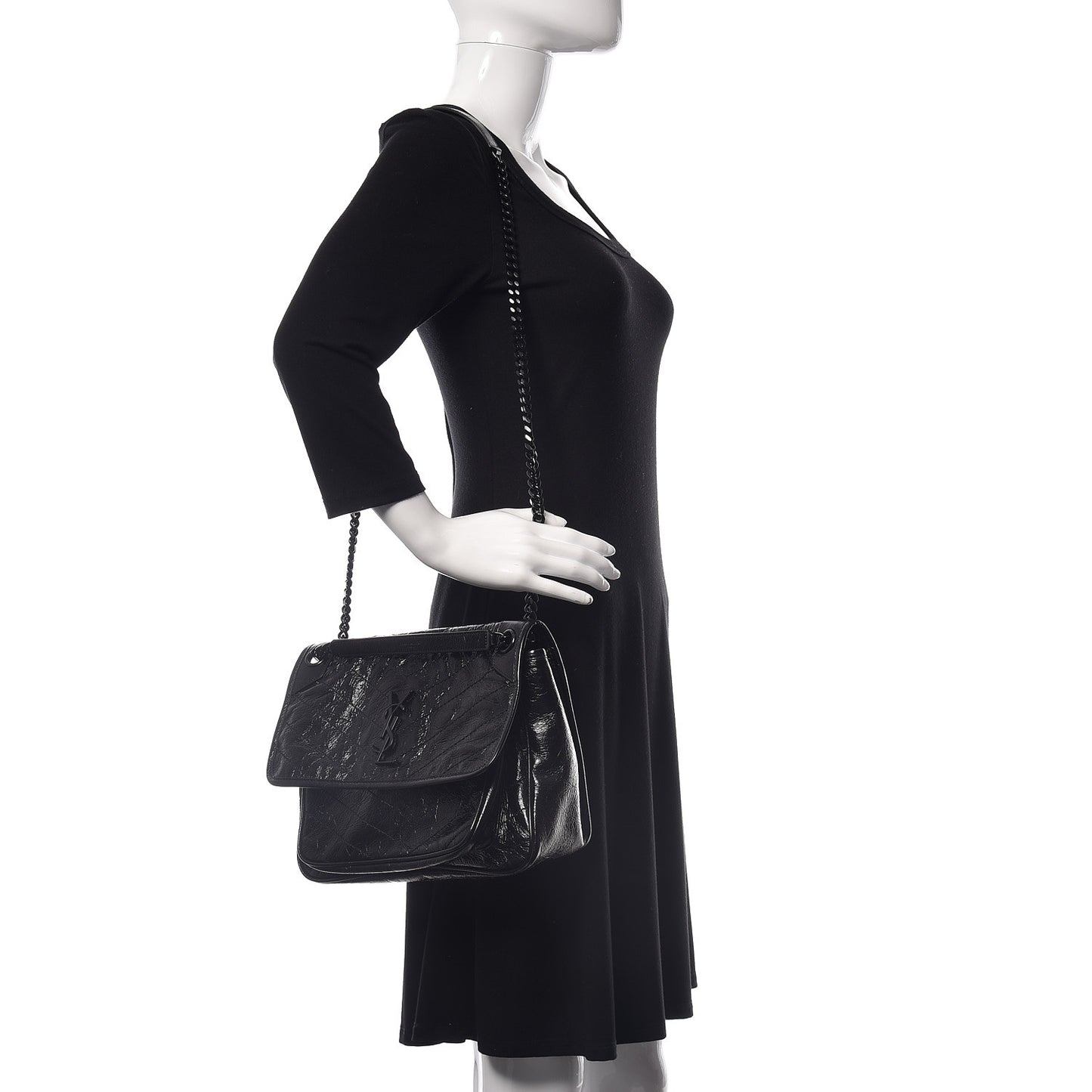Crinkled Calfskin Matelasse Monogram Medium Niki Chain Satchel Black