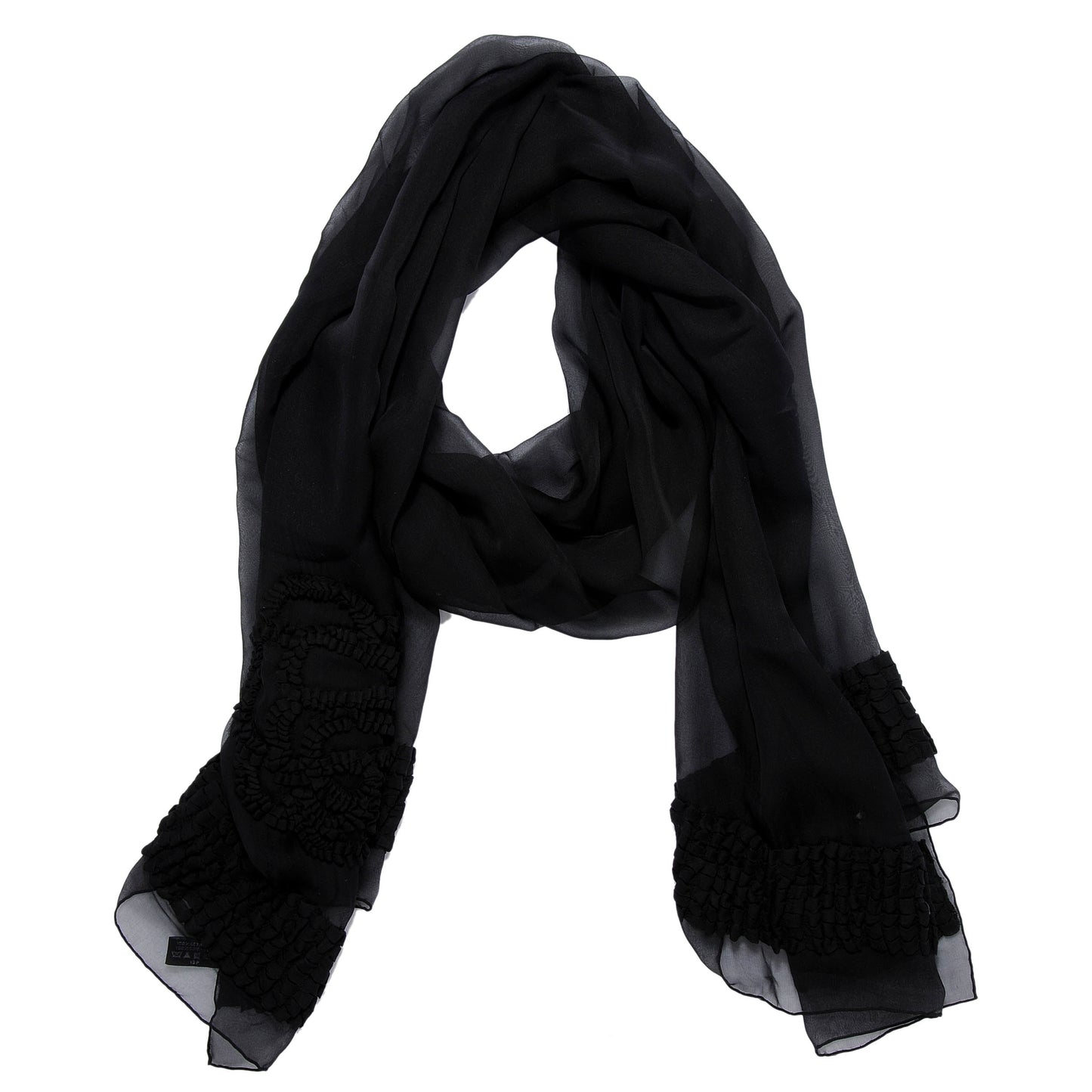 Silk Embroidered Camellia CC Scarf Black