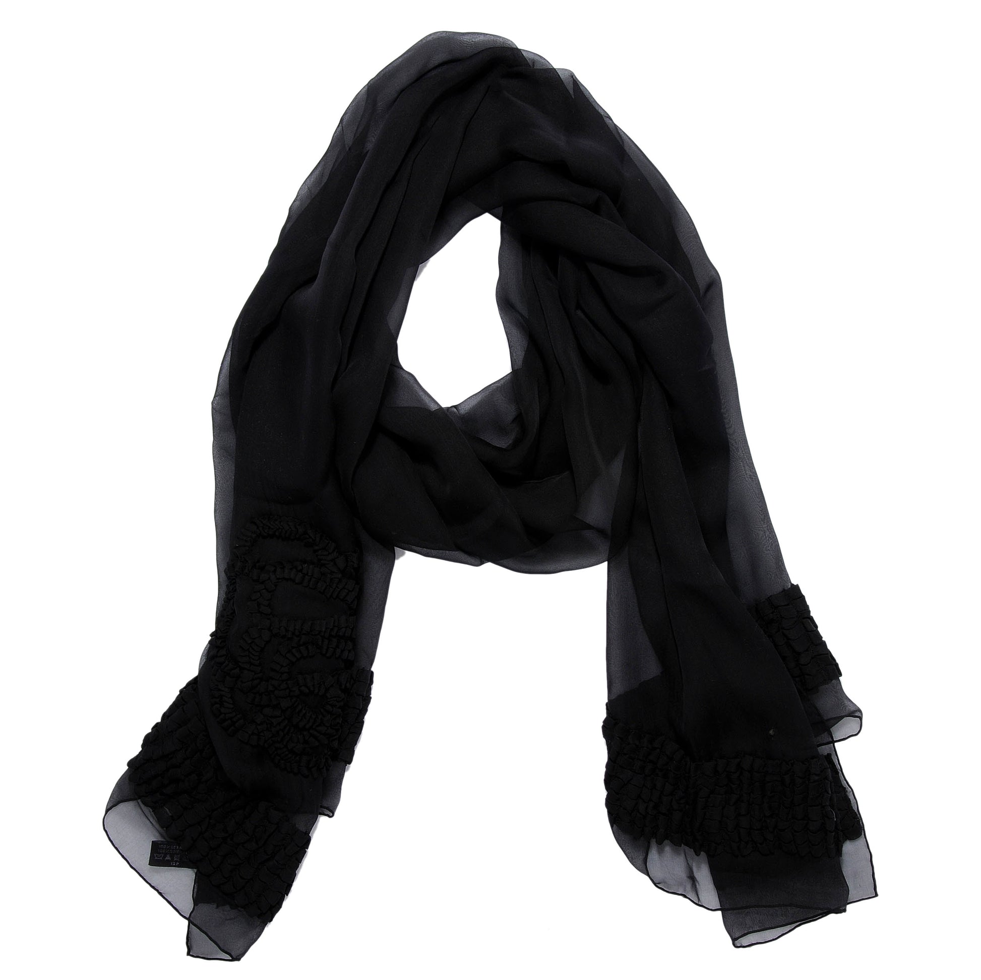 Chanel Silk Embroidered Camellia CC Scarf Black 1 of 6