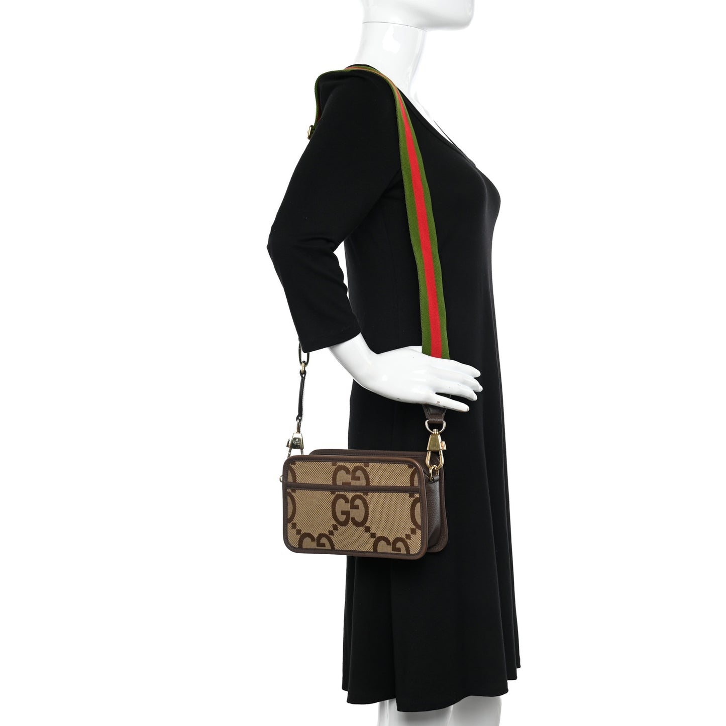 Monogram Jumbo GG Textured Dollar Calfskin Web Mini Crossbody Bag Camel Ebony New Acero