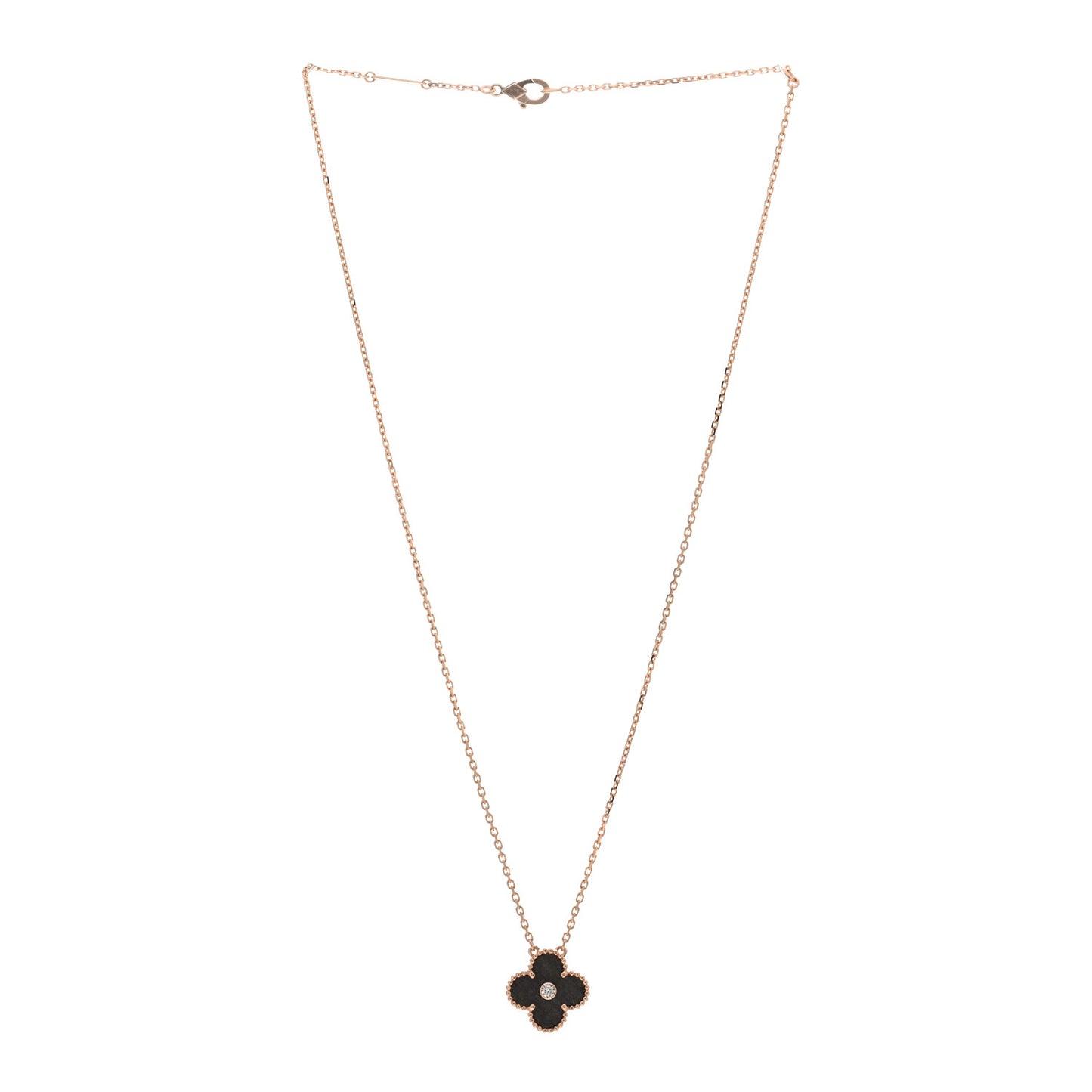 18K Rose Gold Diamond Silver Obsidian Vintage Alhambra Pendant Necklace