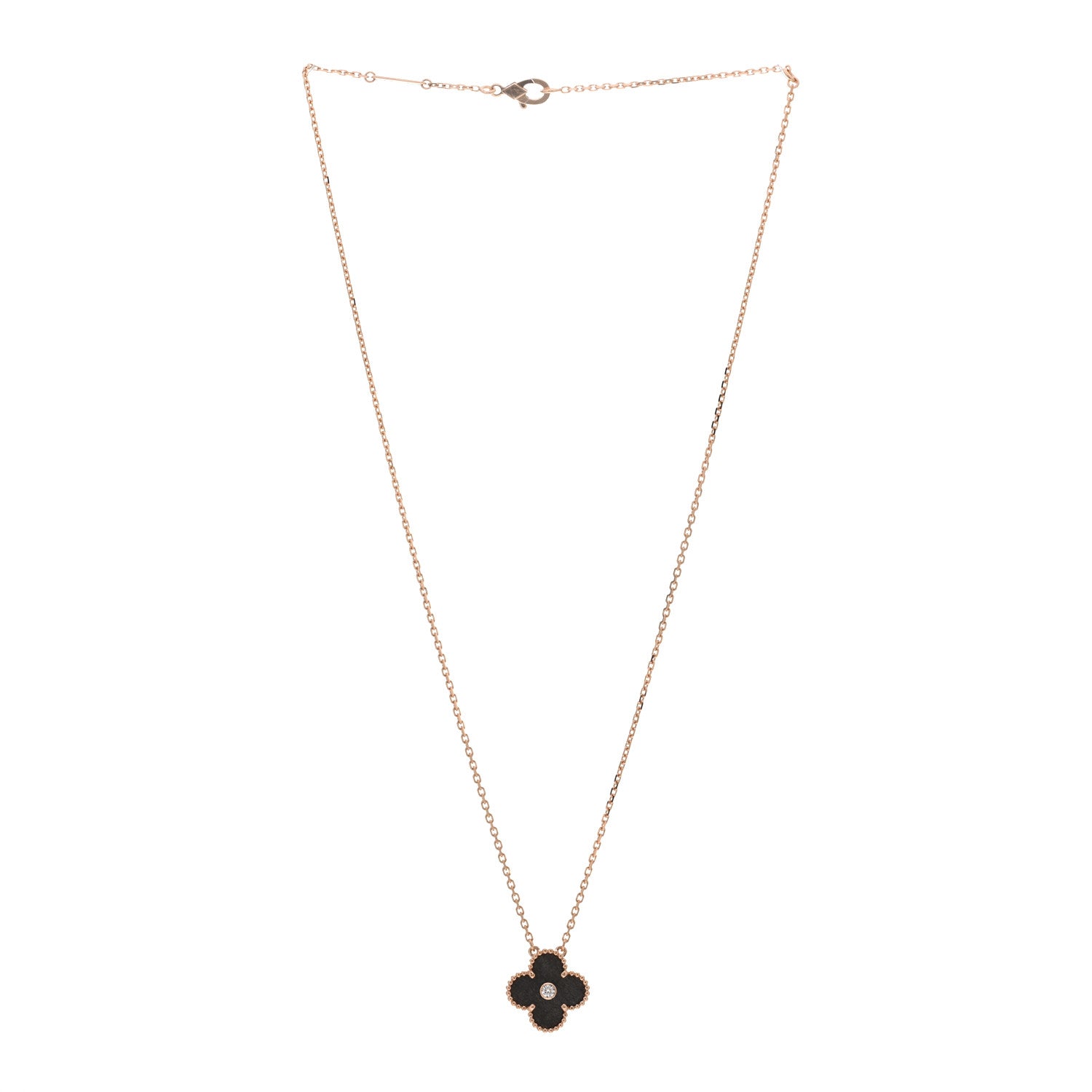 Van Cleef & Arpels 18K Rose Gold Diamond Silver Obsidian Vintage Alhambra Pendant Necklace 3 of 5