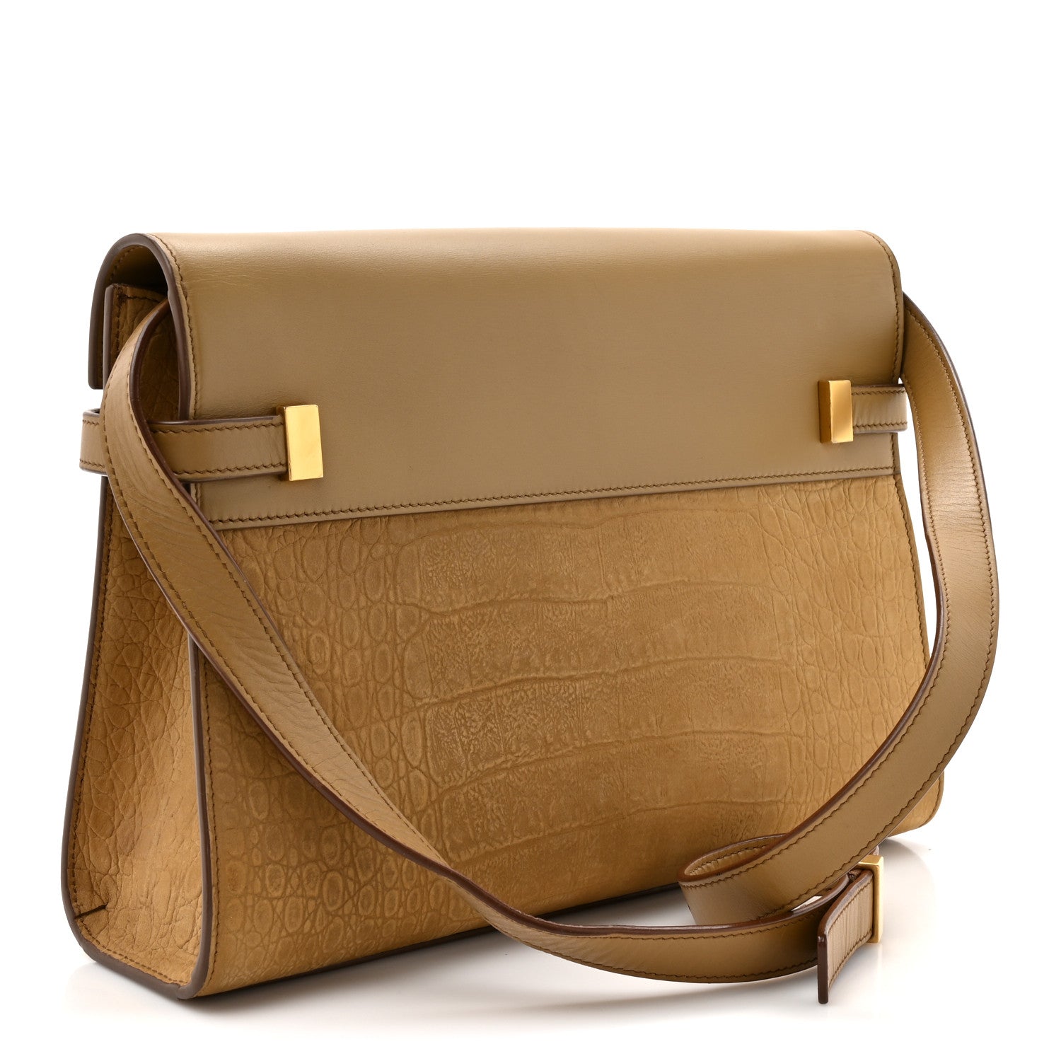 Saint Laurent Smooth Calfskin Suede Crocodile Embossed Manhattan Shoulder Bag Tan 3 of 12
