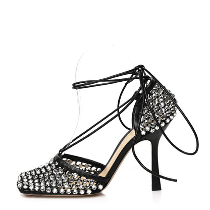 Bottega Veneta Mesh Nappa Crystal Embellished Sparkle Stretch Ankle Tie Sandals 38 Black 1 of 7