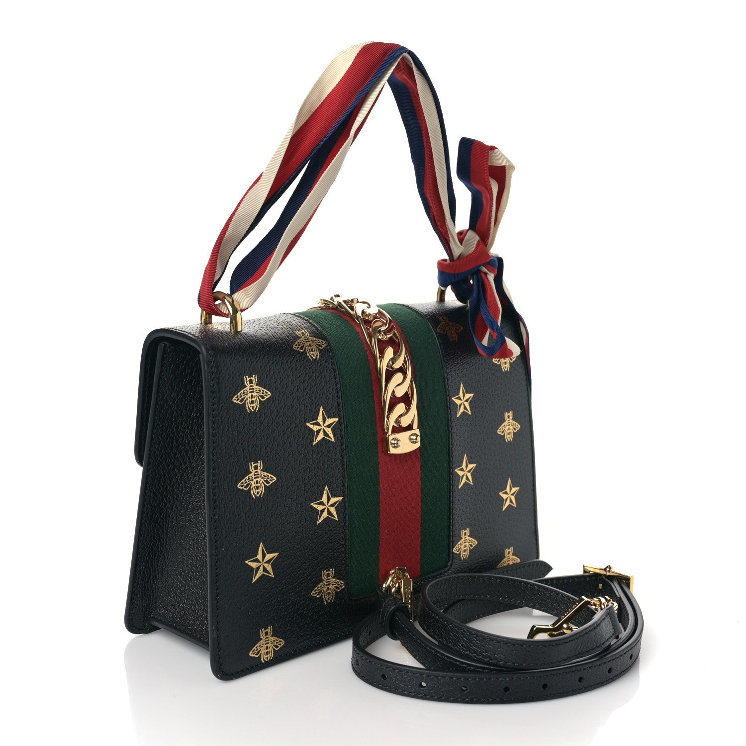 Gucci Textured Calfskin Bee Star Print Small Sylvie Shoulder Bag Black 4 of 11