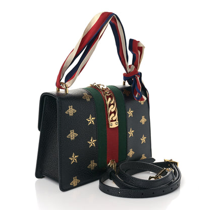 Gucci Textured Calfskin Bee Star Print Small Sylvie Shoulder Bag Black 4 of 11