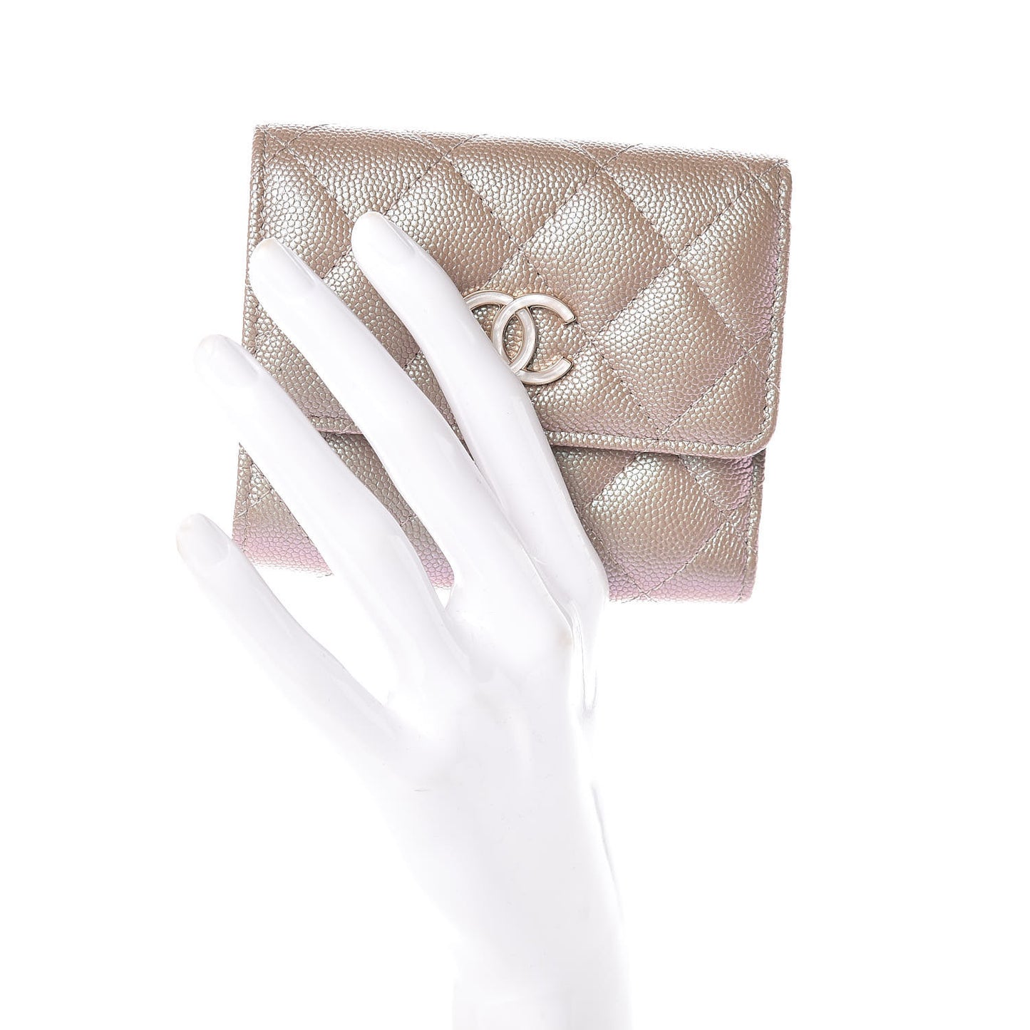 Iridescent Caviar Quilted Small Flap Wallet Beige