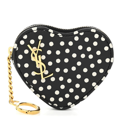 Saint Laurent Calfskin Polka Dot Monogram Heart Key Pouch Black White 1 of 7