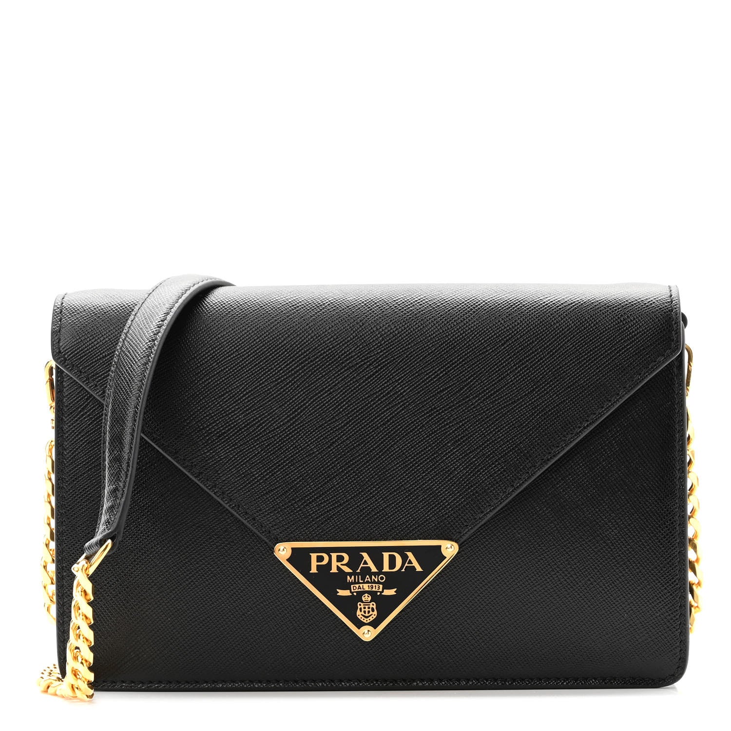 Prada Saffiano Lux Metal Triangle Logo Mini Envelope Chain Shoulder Bag Black 1 of 9