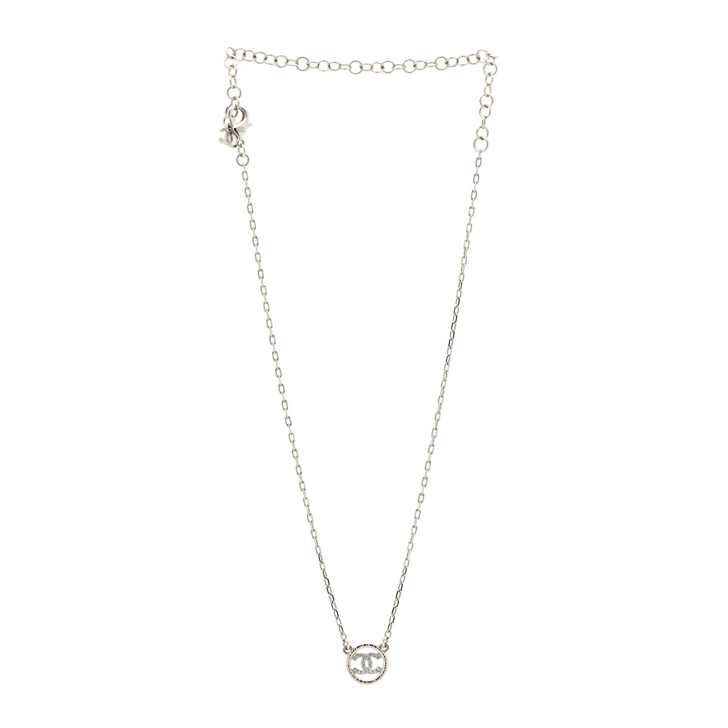 Chanel Metal Crystal CC Round Pendant Necklace Silver 4 of 5