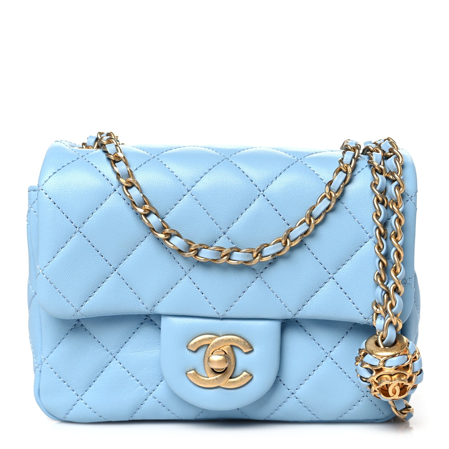 Lambskin Quilted Mini Pearl Crush Flap Light Blue