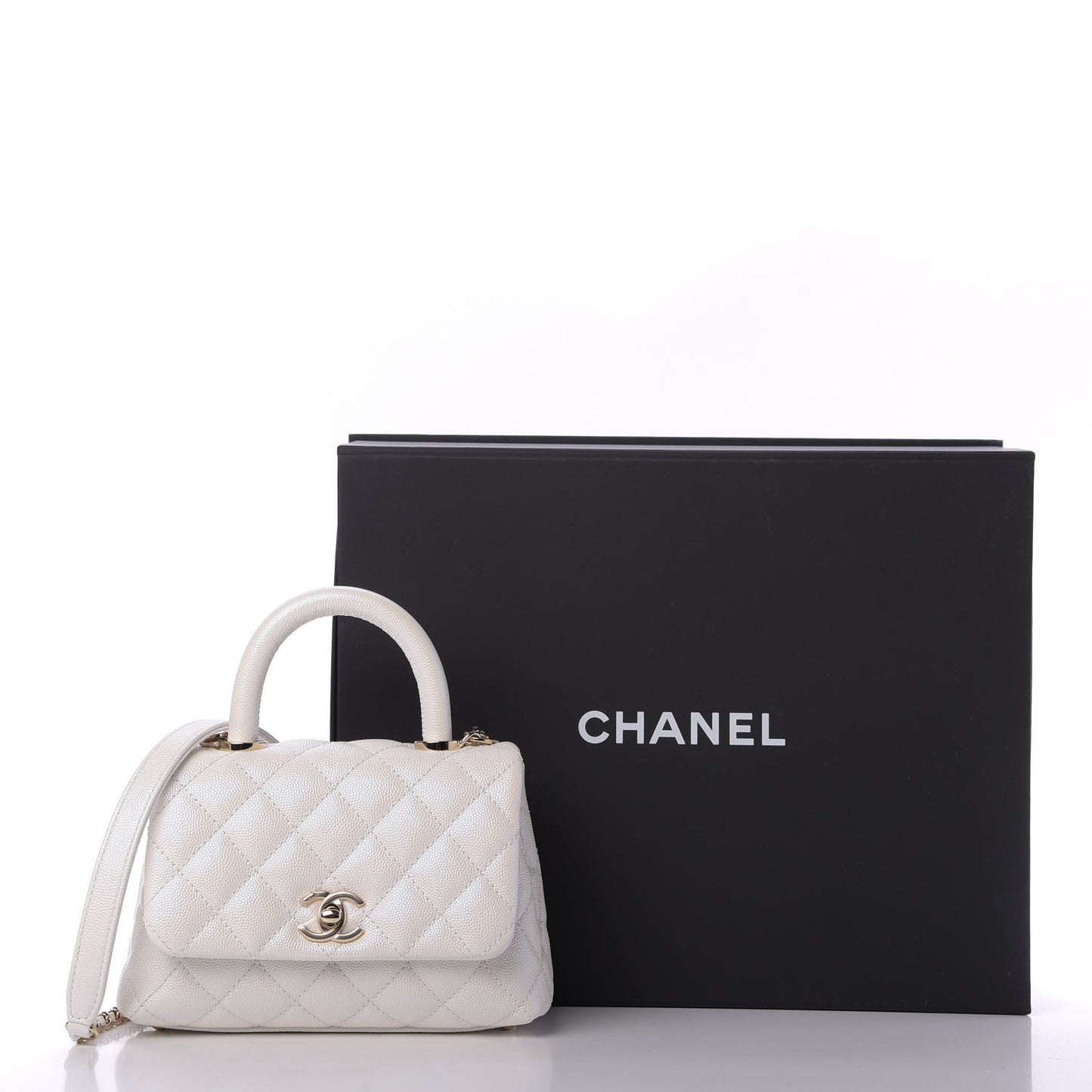 Iridescent Caviar Quilted Extra Mini Coco Handle Flap White
