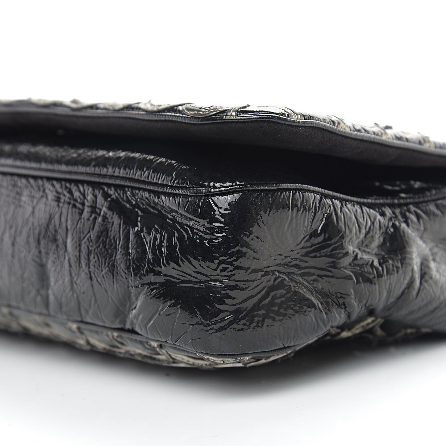 Distressed Patent Quilted Flap Bag Black