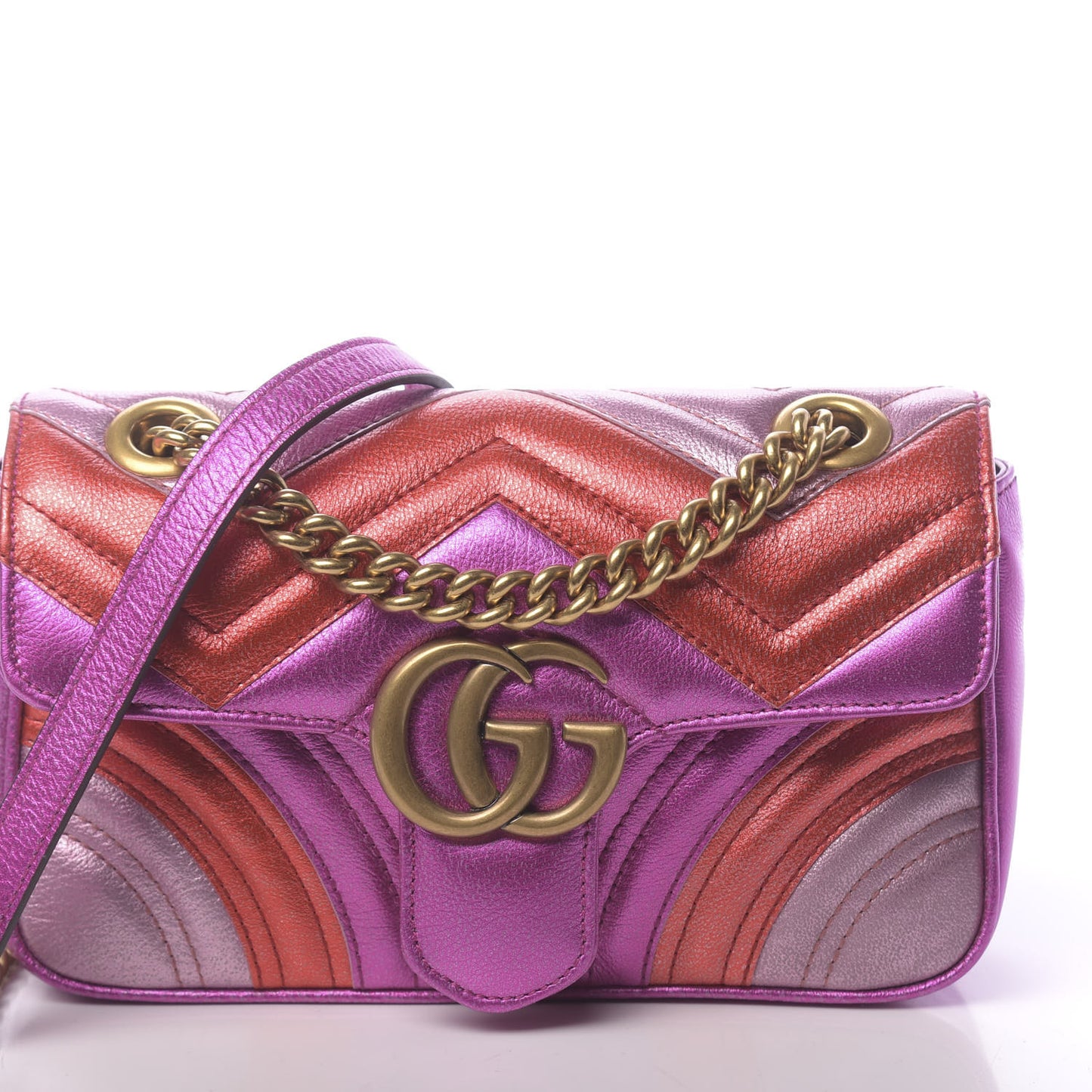 Metallic Calfskin Matelasse Mini GG Marmont Shoulder Bag Fuchsia
