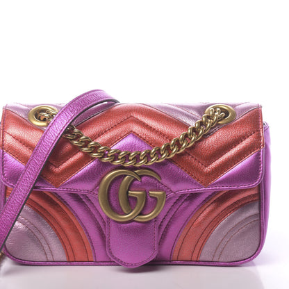Gucci Metallic Calfskin Matelasse Mini GG Marmont Shoulder Bag Fuchsia 10 of 11
