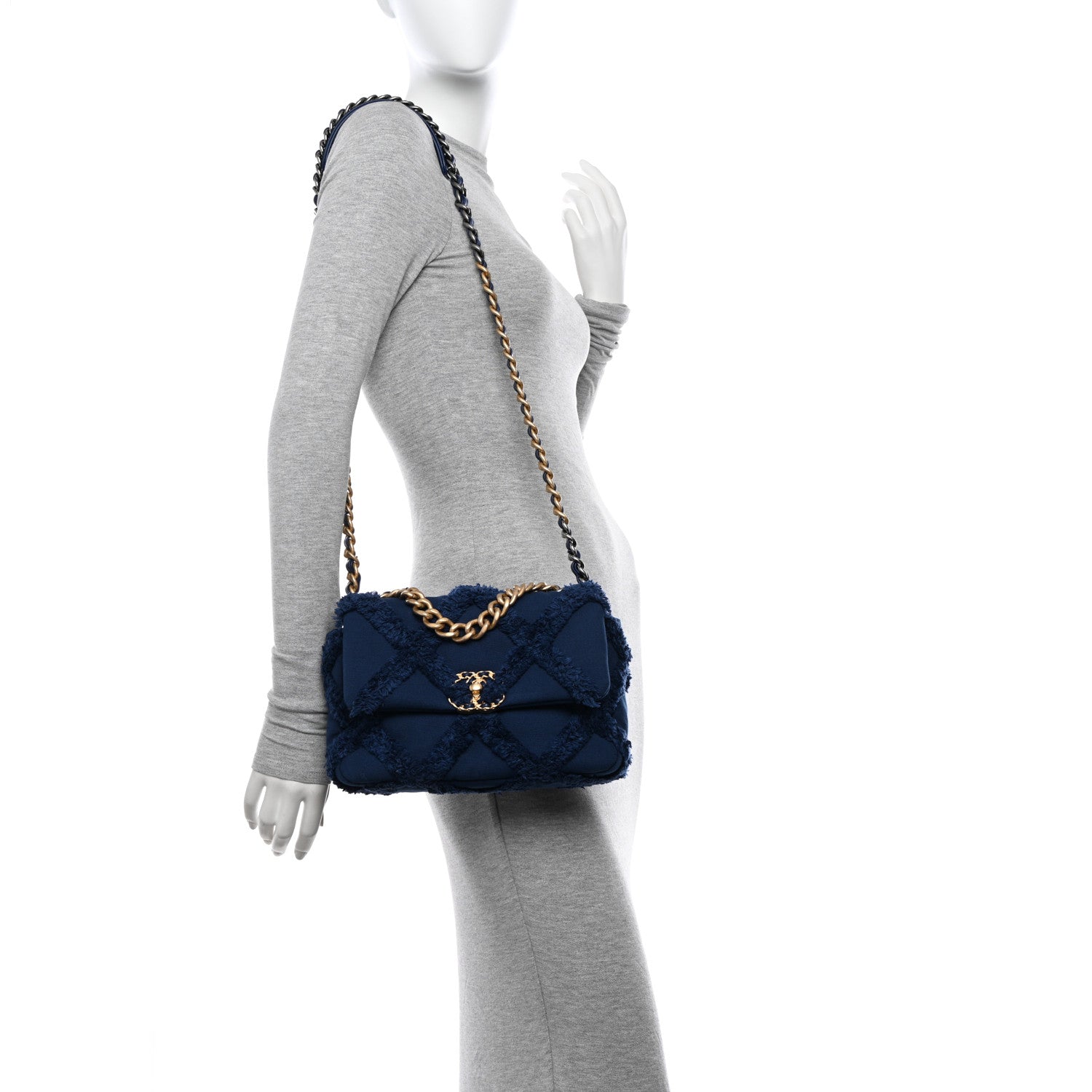 Chanel Cotton Canvas Quilted Medium 19 Flap Navy Blue 2 of 12