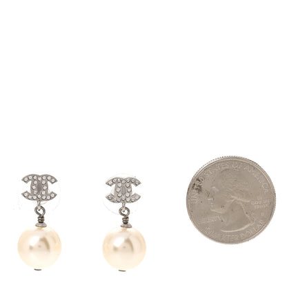 Chanel Crystal Pearl CC Drop Earrings Silver Pearly White 2 of 5