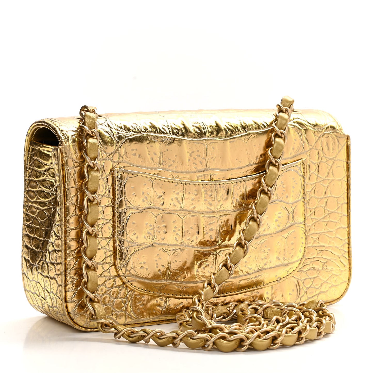 Metallic Calfskin Crocodile Embossed Cocodile Rectangular Mini Flap Gold
