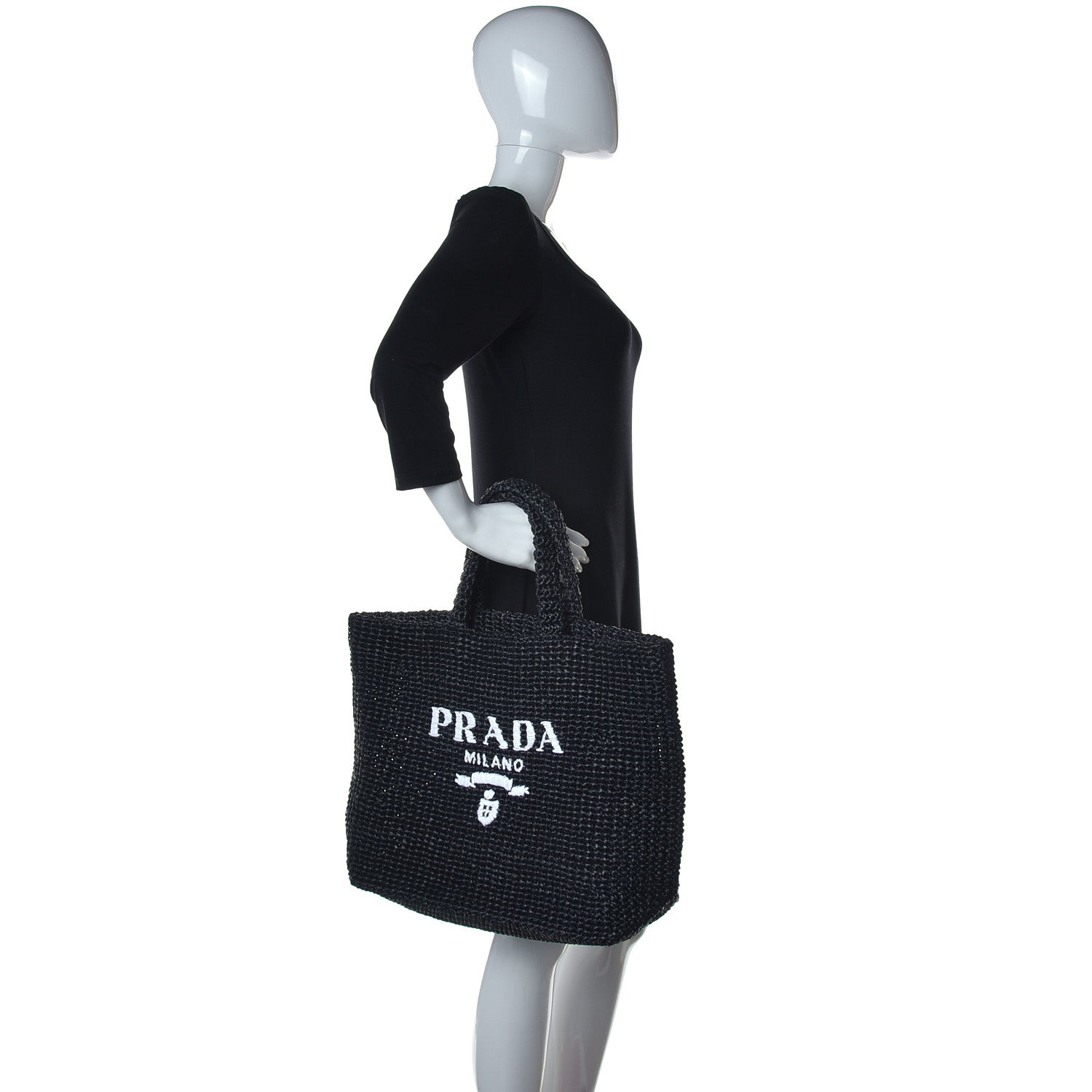Prada Yarn Raffia Effect Crochet Large Logo Tote Black 2 of 12