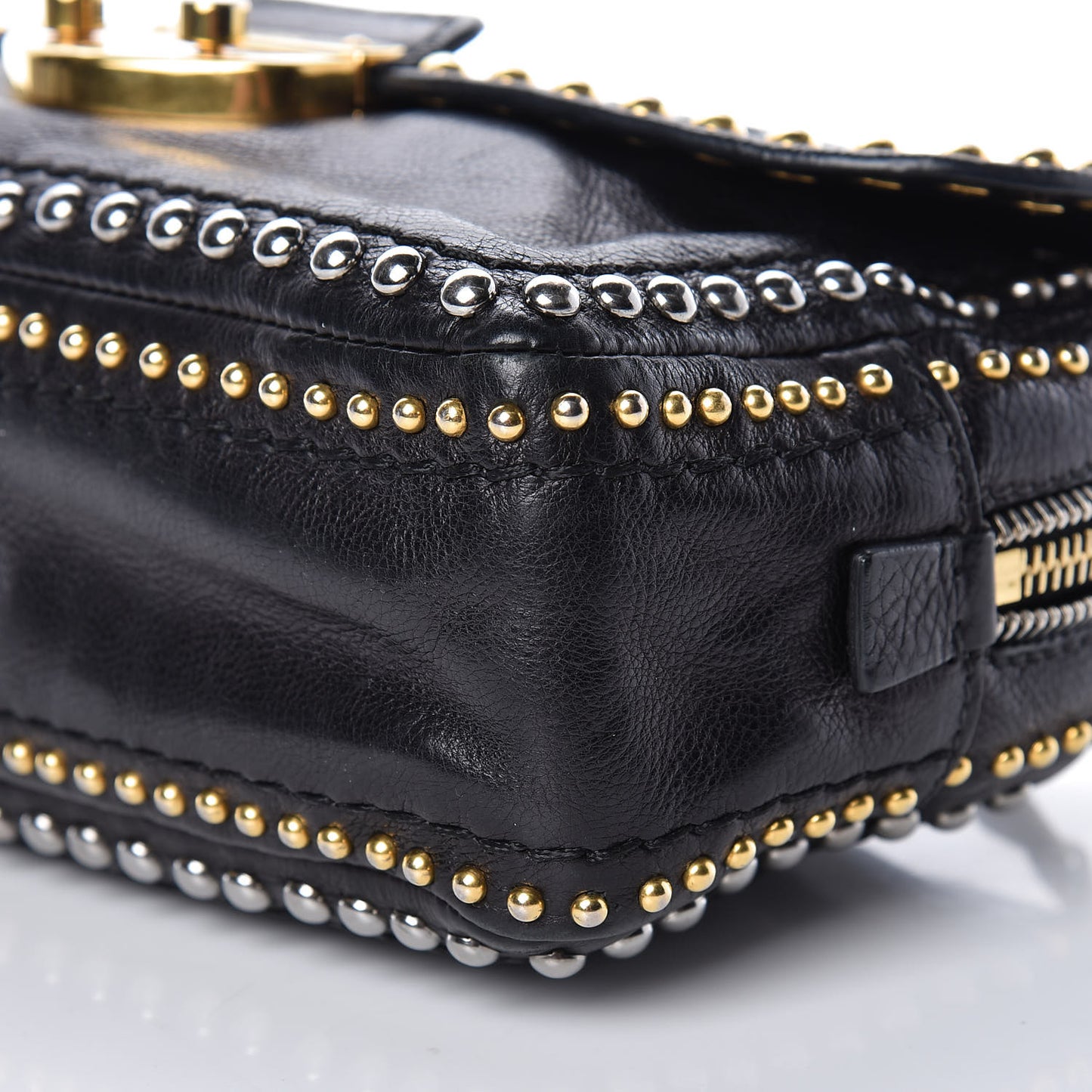 Glace Calf Studded Pushlock Chain Shoulder Bag Black