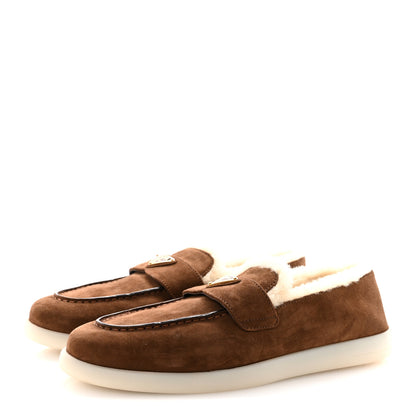 Prada Suede Shearling Triangle Logo Loafer 38.5 Cocoa Brown 4 of 9