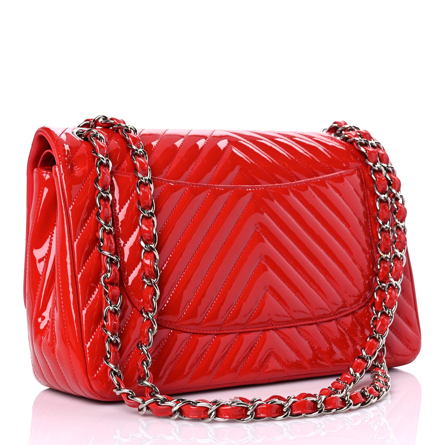 Chanel Patent Chevron Quilted Jumbo Double Flap Red 2 of 8