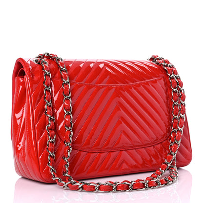 Chanel Patent Chevron Quilted Jumbo Double Flap Red 2 of 8