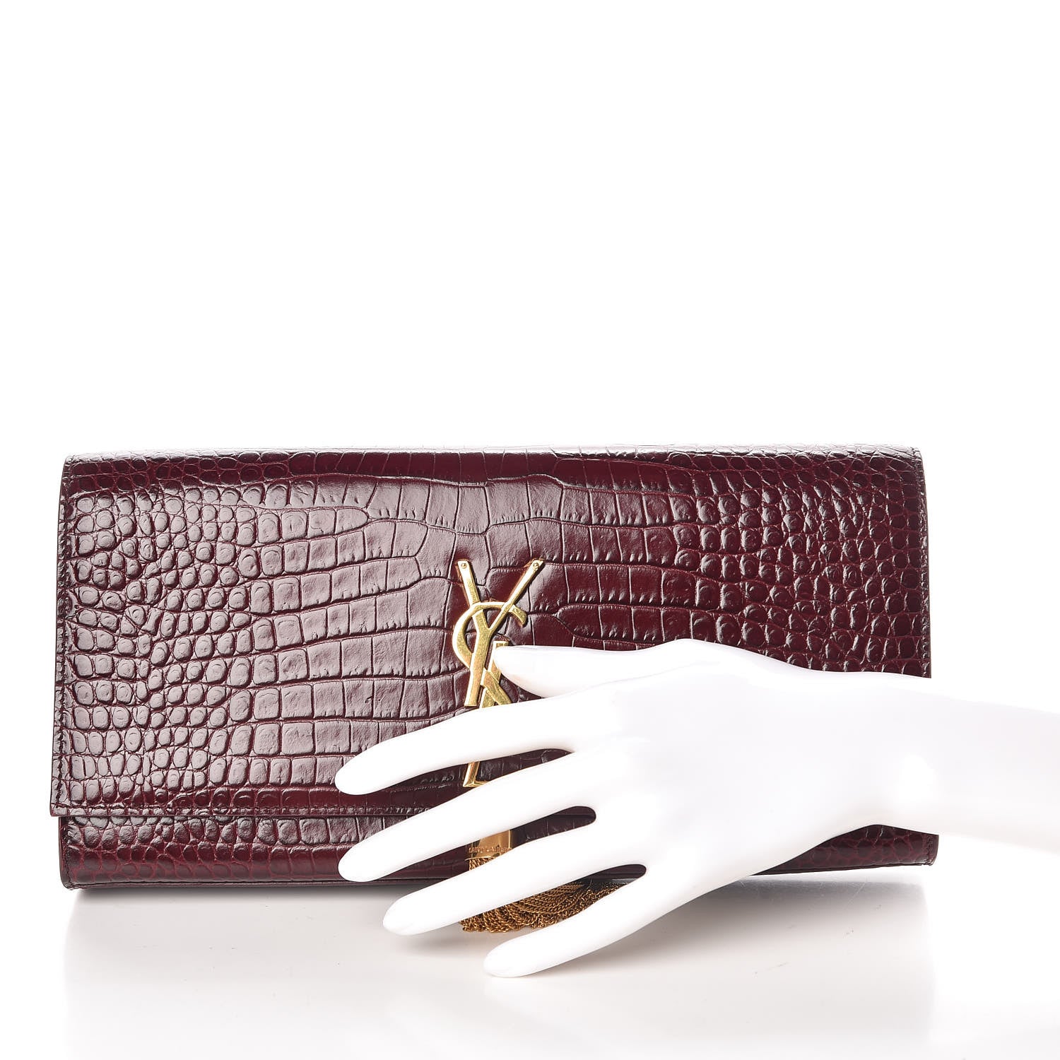 Saint Laurent Calfskin Crocodile Embossed Classic Monogram Tassel Clutch Bordeaux 2 of 6