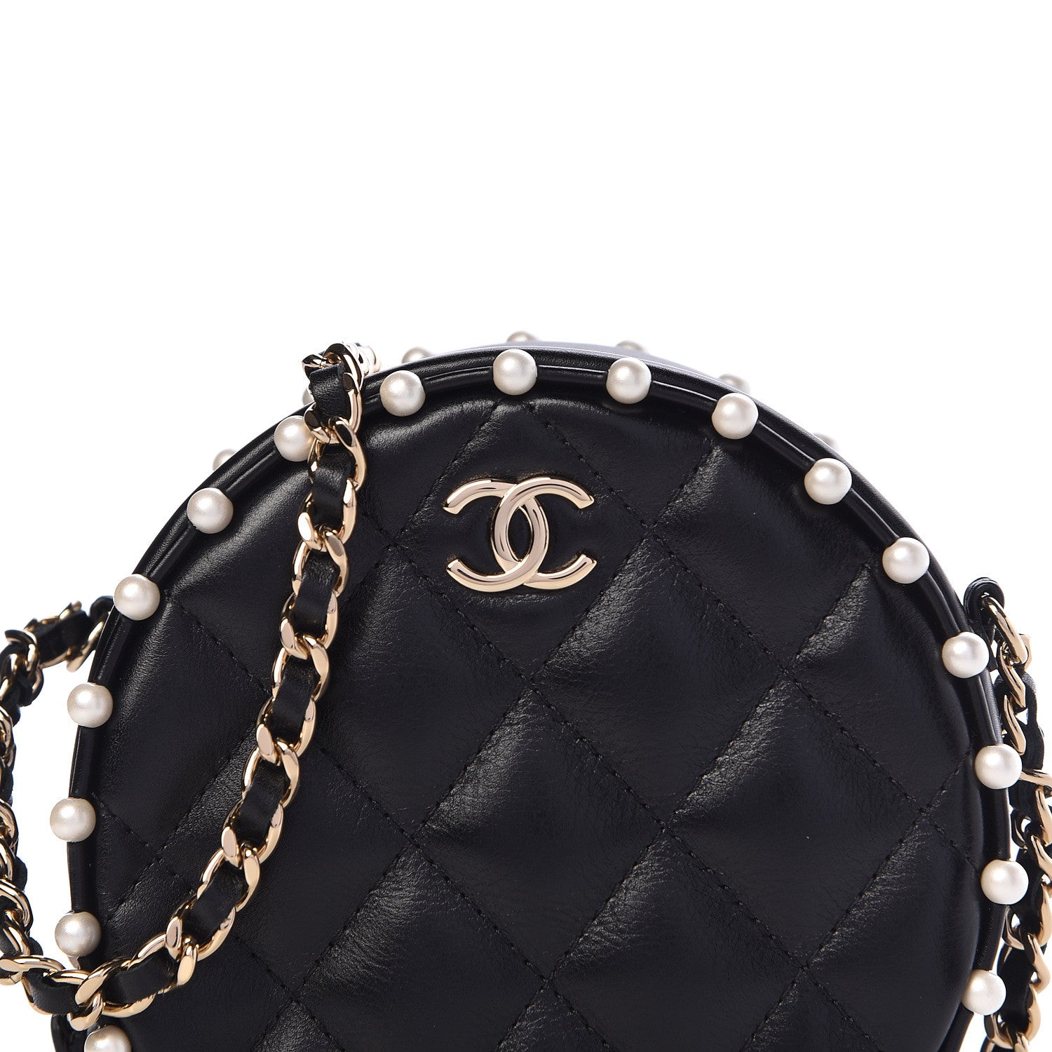 Chanel Calfskin Quilted Pearl Round Clutch With Chain Black 10 of 11