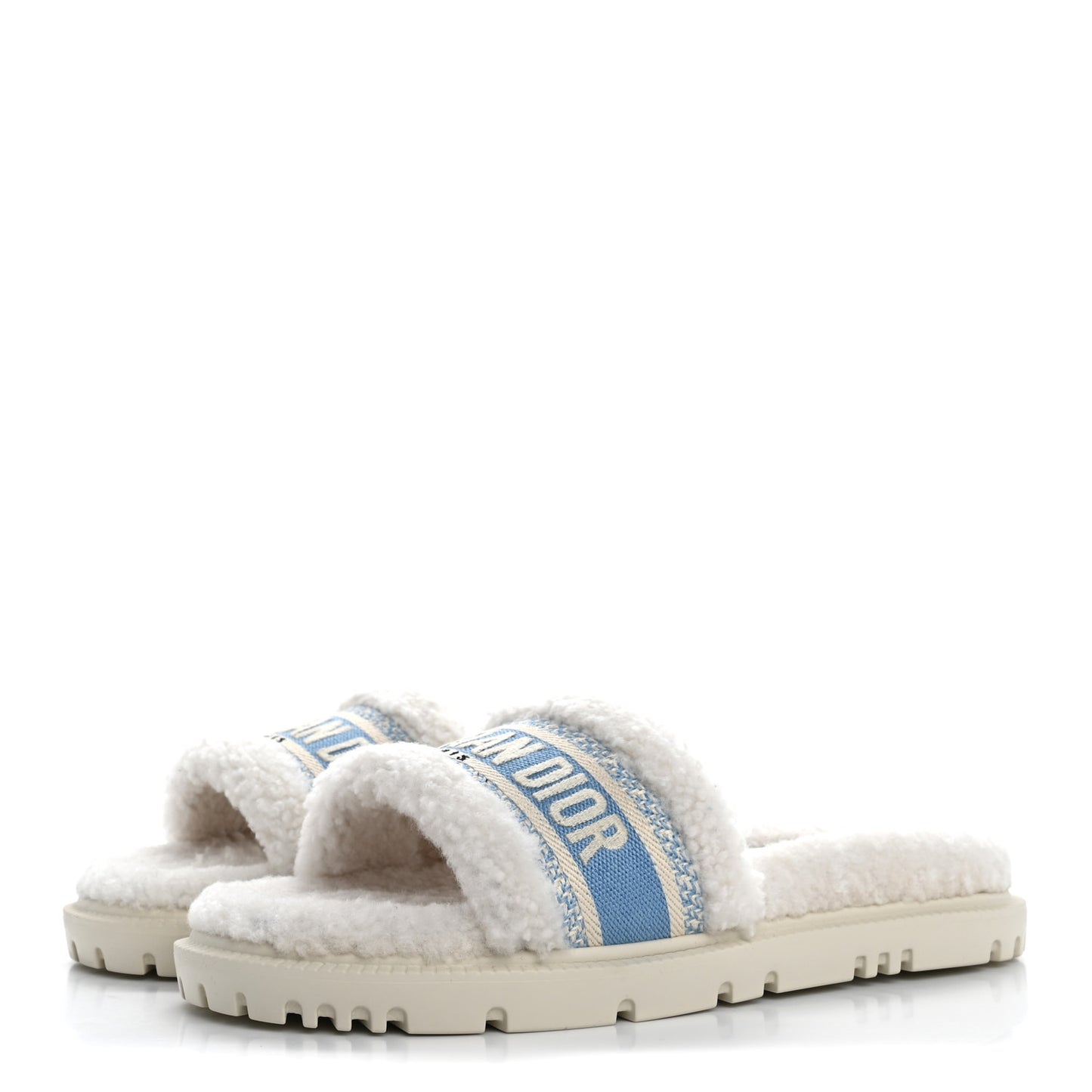 Shearling Canvas Embroidered Dway 10mm Slide Sandals 37.5 Natural Light Blue