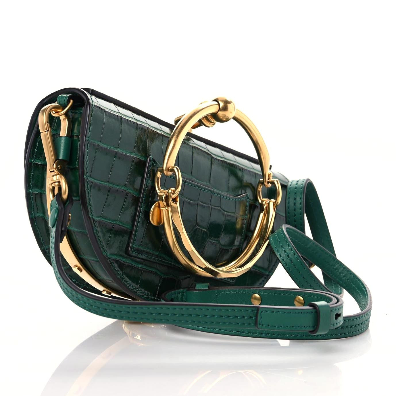 Calfskin Crocodile Embossed Small Nile Bracelet Minaudiere Bag Woodsy Green