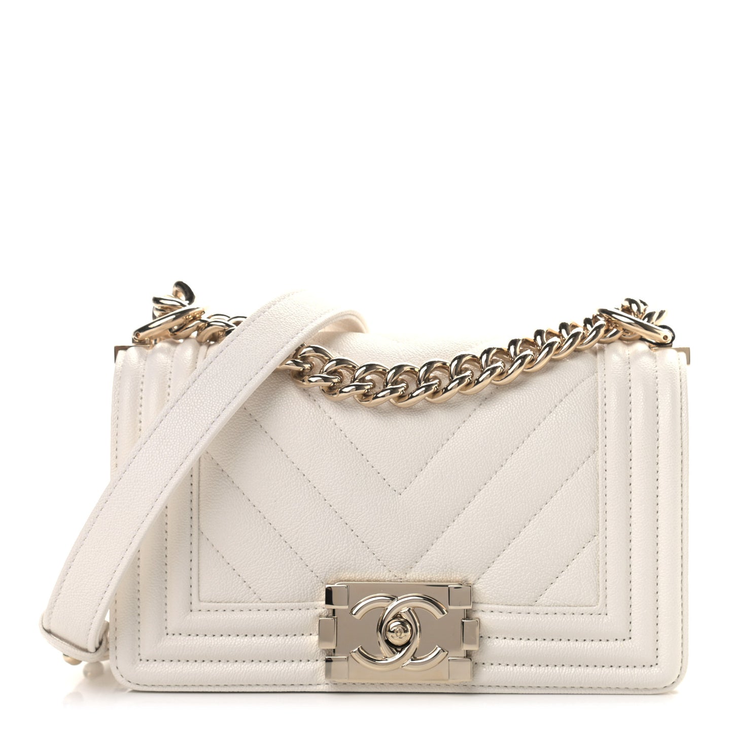 Caviar Chevron Quilted Small Boy Flap White