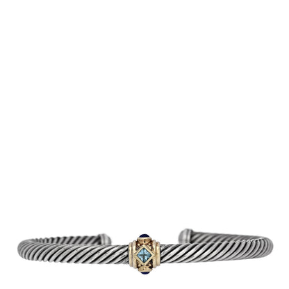 David Yurman Sterling Silver 14K Yellow Gold Blue Topaz Lapis Lazuli 5mm Cable Renaissance Station Bracelet 1 of 3