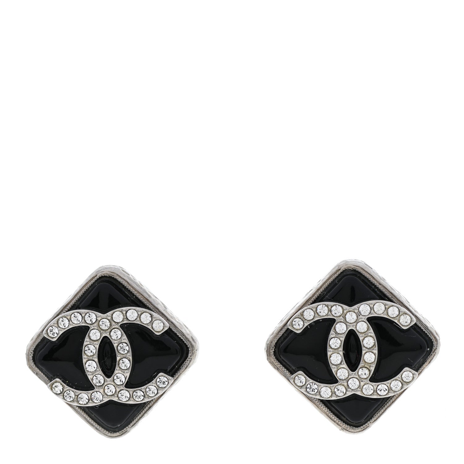 Chanel Crystal Square CC Earrings Silver Black 1 of 5