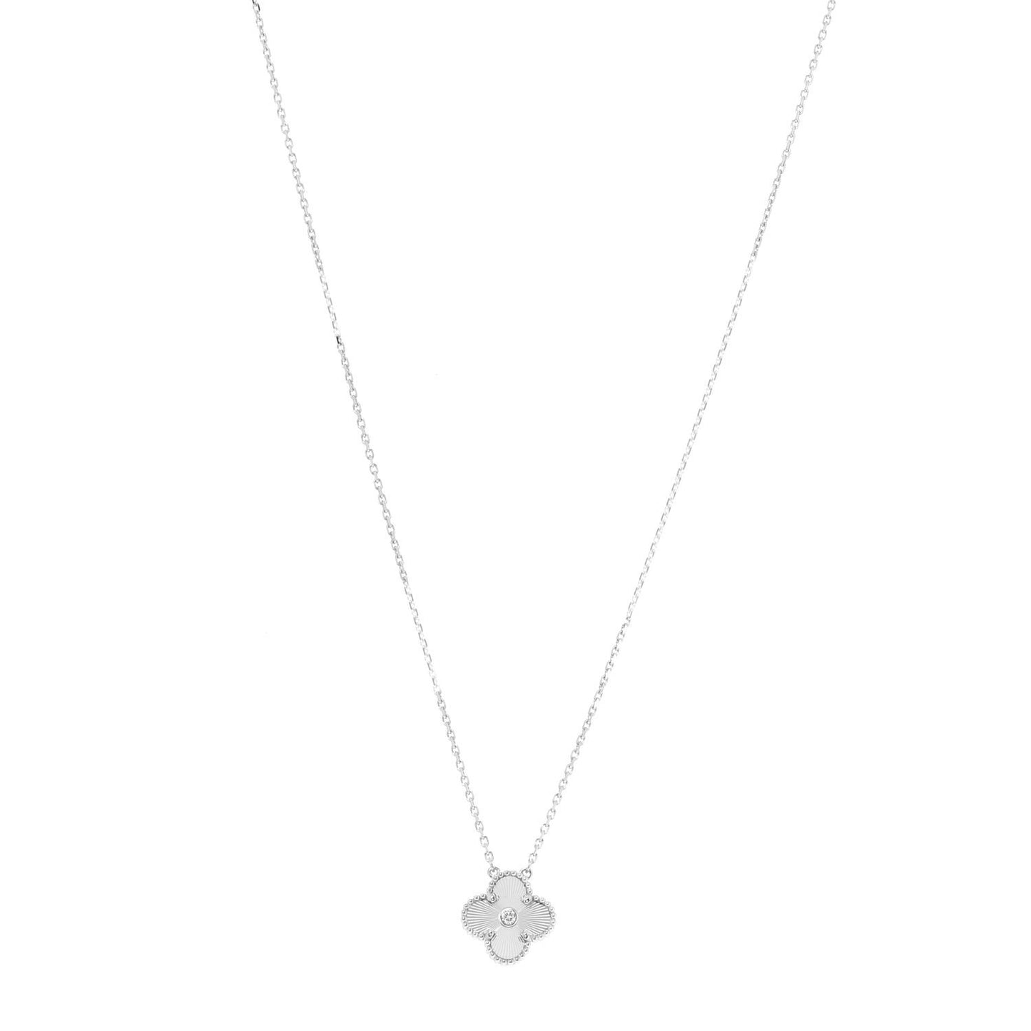 18K White Gold Diamond Guilloche Vintage Alhambra Pendant Necklace