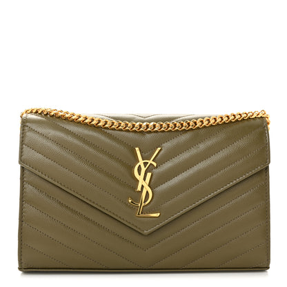 Saint Laurent Grain De Poudre Matelasse Chevron Monogram Chain Wallet Vert Kaki 1 of 9