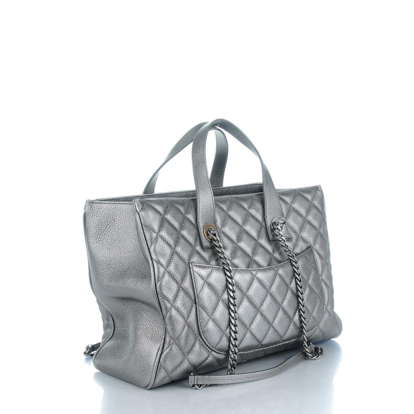 Metallic Grained Calfskin Quilted Large Casual Pocket Tote Silver