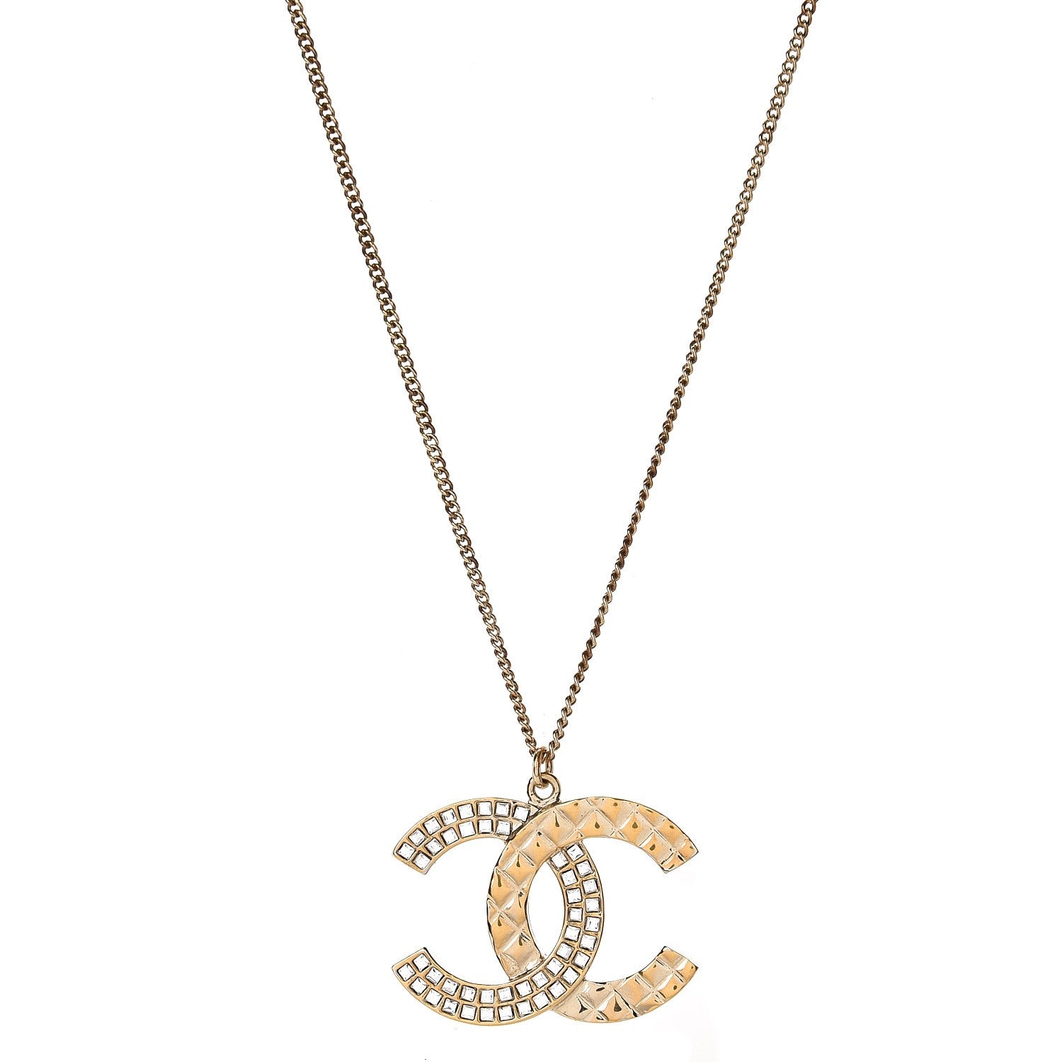 Chanel Baguette Crystal Quilted CC Pendant Necklace Gold 1 of 5