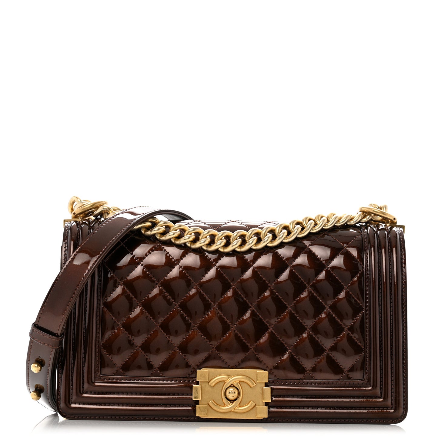 Metallic Patent Calfskin Quilted Medium Boy Flap Brown