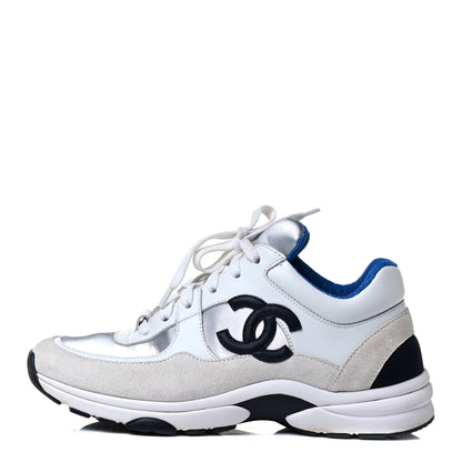 Chanel Suede Calfskin Womens CC Sneakers 37 White Silver Blue 2 of 8