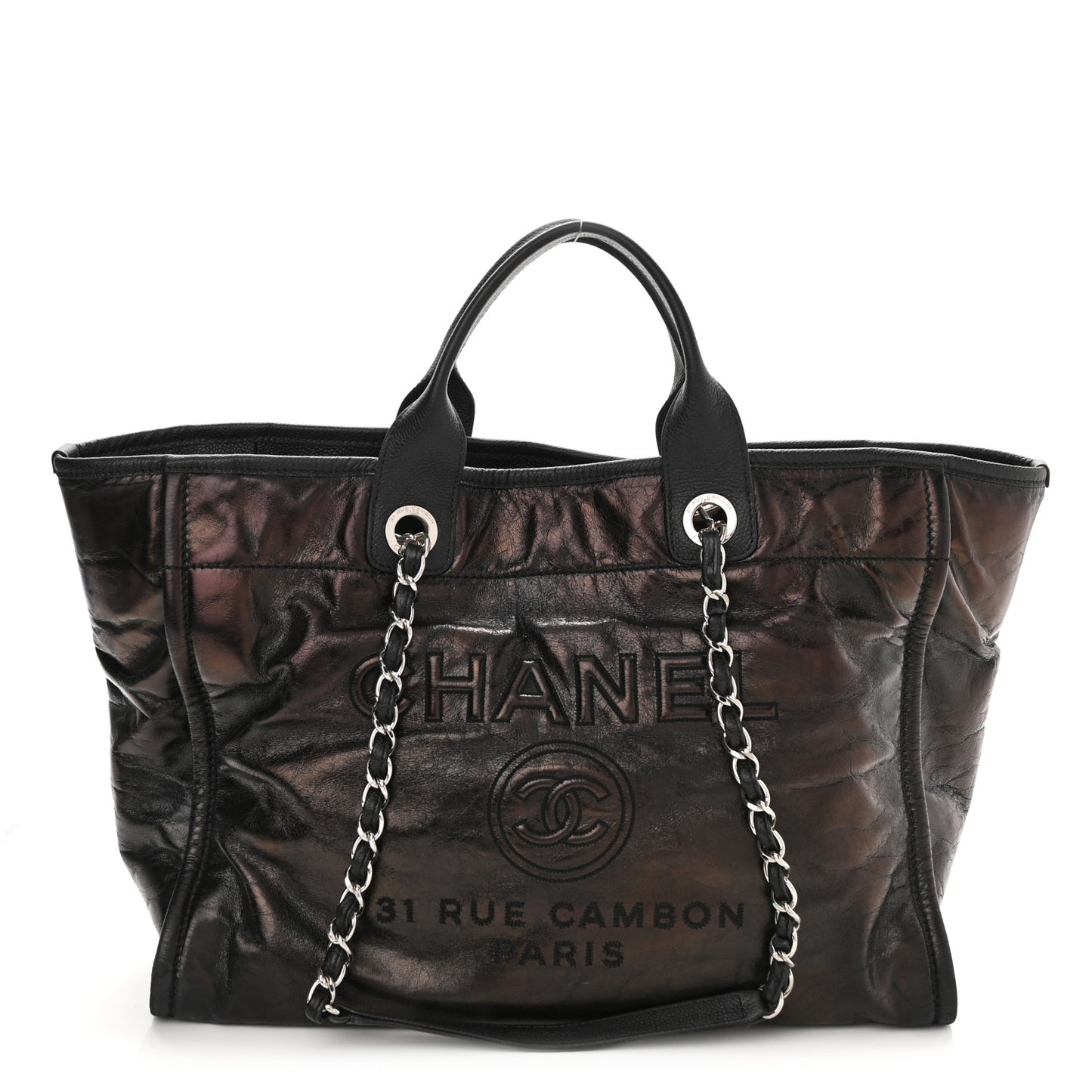 Glazed Calfskin Large Deauville Tote Black